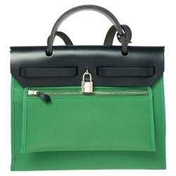 Pre Owned Hermes Bamboo/Bleu Indigo Canvas and Leather Herbag Zip 31 Bag