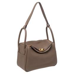 Pre Owned Hermes Etoupe Taurillon Clemence Leather Gold Plated Lindy 26 Bag