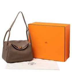 Pre Owned Hermes Etoupe Taurillon Clemence Leather Gold Plated Lindy 26 Bag