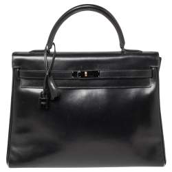 HERMES Kelly 35 Vintage bag in black box leather - VALOIS VINTAGE