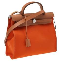 Pre Owned Hermes Brown/Orange Canvas And Leather Herbag Zip PM Bag