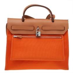 Pre Owned Hermes Brown/Orange Canvas And Leather Herbag Zip PM Bag