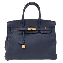 Pre Owned Hermes Blue Nuit Togo Leather Gold Hardware Birkin 35 Bag