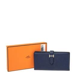 Pre Owned Hermes Navy Blue  Epsom Leather Bearn Gusset Wallet