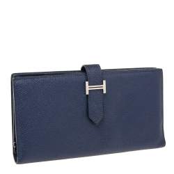 Pre Owned Hermes Navy Blue  Epsom Leather Bearn Gusset Wallet