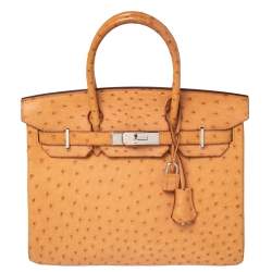 Hermes Tabac Camel Ostrich Palladium Plated Birkin 30 Bag