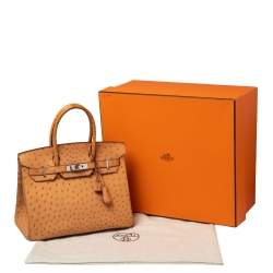 Hermes Tabac Camel Ostrich Palladium Plated Birkin 30 Bag