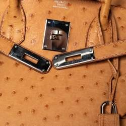 Hermes Tabac Camel Ostrich Palladium Plated Birkin 30 Bag