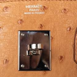 Hermes Tabac Camel Ostrich Palladium Plated Birkin 30 Bag