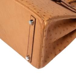 Hermes Tabac Camel Ostrich Palladium Plated Birkin 30 Bag