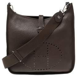 Pre Owned Hermes Cacao Togo Leather Palladium Plated Evelyne III GM Bag