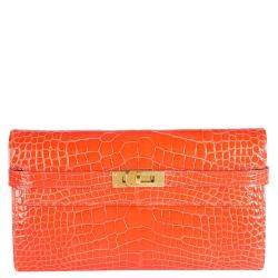 Hermes Tangerine Shiny Alligator Leather Classic Kelly Wallet