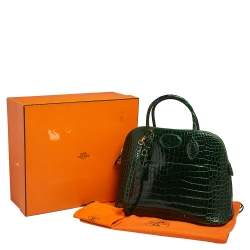 Pre Owned Hermes Vert Fonce Crocodile Porosus Gold Plated Bolide 35 Bag