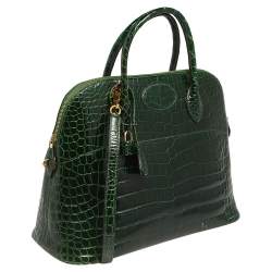 Pre Owned Hermes Vert Fonce Crocodile Porosus Gold Plated Bolide 35 Bag