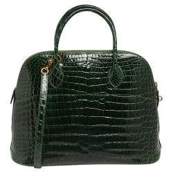 Pre Owned Hermes Vert Fonce Crocodile Porosus Gold Plated Bolide 35 Bag