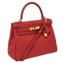 Pre Owned Hermes Rouge Piment Togo Leather Gold Plated Kelly Retourne 28 Bag