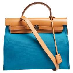 Pre Owned Hermes Bleu Izmir/Natural Canvas And Leather Herbag Zip 31 Bag