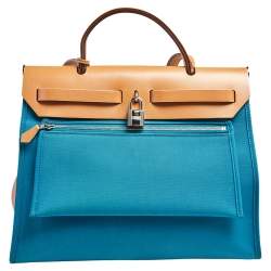 Pre Owned Hermes Bleu Izmir/Natural Canvas And Leather Herbag Zip 31 Bag
