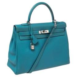 Hermes Bleu Jean Togo Leather Palladium Finish Kelly Retourne 35 Bag