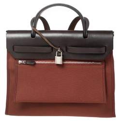 Pre Owned Hermes Rouge H/Ebene Canvas and Leather Herbag Zip 31 Bag