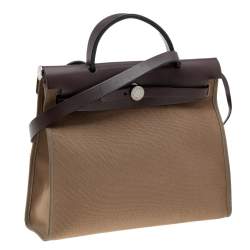 Pre Owned Hermes Etoupe/Ebene Canvas and Leather Herbag Zip 31 Bag