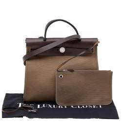 Pre Owned Hermes Etoupe/Ebene Canvas and Leather Herbag Zip 31 Bag