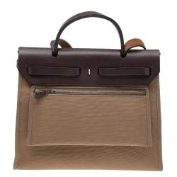 Pre Owned Hermes Etoupe/Ebene Canvas and Leather Herbag Zip 31 Bag
