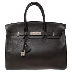 Hermes Chocolate Clemence Leather Palladium Plated Birkin 35 Bag