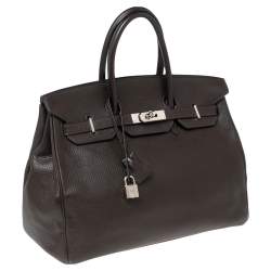 Hermes Chocolate Clemence Leather Palladium Plated Birkin 35 Bag