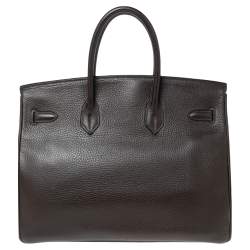 Hermes Chocolate Clemence Leather Palladium Plated Birkin 35 Bag