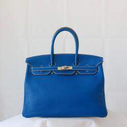 Hermes Blue Leather Palladium Hardware Birkin 35 Bag 