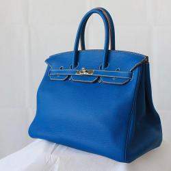 Hermes Blue Leather Palladium Hardware Birkin 35 Bag 