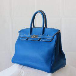 Hermes Blue Leather Palladium Hardware Birkin 35 Bag 