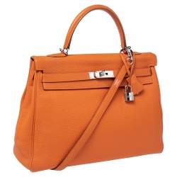 Pre Owned Hermes Orange Togo Leather Palladium Hardware Kelly Retourne 35 Bag