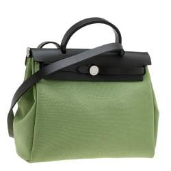 مملوكة مسبقًا حقيبة هيرمس هيرباغ  31 جلد وكانفاس كروشيه/أخضر كاكي بسحاب 
