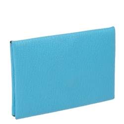 Pre Owned Hermes Celeste/Kraft Chevre Mysore Leather Calvi Verso Card Holder