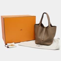 Pre Owned Hermes Taupe Clemence Leather Gold Finish Picotin Lock 22 Bag