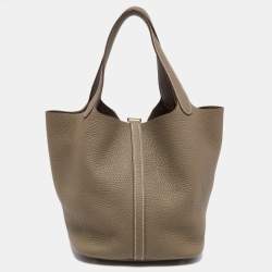 Pre Owned Hermes Taupe Clemence Leather Gold Finish Picotin Lock 22 Bag