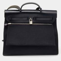 Pre Owned Hermes Noir Toil And Vache Hunter Leather Herbag Zip 39 Bag