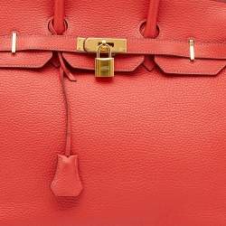 Pre Owned Hermes Rouge Pivoine Clemence Leather Gold Plated Birkin 35 Bag