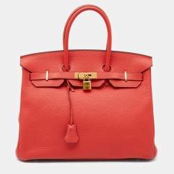 Pre Owned Hermes Rouge Pivoine Clemence Leather Gold Plated Birkin 35 Bag