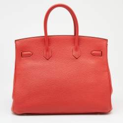 Pre Owned Hermes Rouge Pivoine Clemence Leather Gold Plated Birkin 35 Bag
