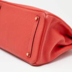 Pre Owned Hermes Rouge Pivoine Clemence Leather Gold Plated Birkin 35 Bag