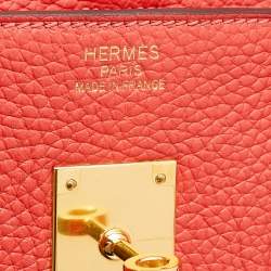 Pre Owned Hermes Rouge Pivoine Clemence Leather Gold Plated Birkin 35 Bag