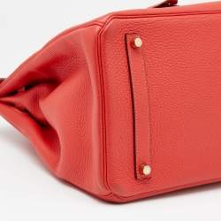 Pre Owned Hermes Rouge Pivoine Clemence Leather Gold Plated Birkin 35 Bag