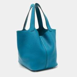 Pre Owned Hermes Bleu Izmir Clemence Leather Picotin Lock 22 Bag