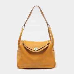Pre Owned Hermes Jaune Ambre Clemence Leather Gold Finish Lindy 30 Bag