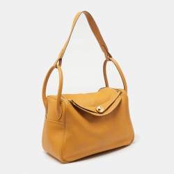 Pre Owned Hermes Jaune Ambre Clemence Leather Gold Finish Lindy 30 Bag