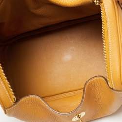 Pre Owned Hermes Jaune Ambre Clemence Leather Gold Finish Lindy 30 Bag