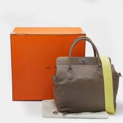 Pre Owned Hermes Etoupe/Lime Swift Leather Palladium Plated Toolbox 33 Bag